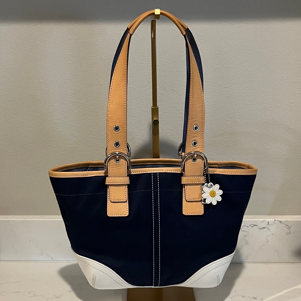 Coach Navy and Tan Tote with White Accents